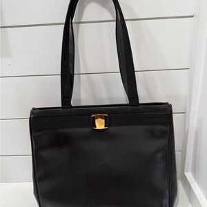 Salvatore Ferragamo Vara Leather  Black Leather Shoulder Bag with Gold Accent